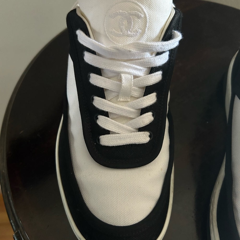 CHANEL Fabric Womens Logo Sneakers
6.5 Black White - Picture 8 of 14